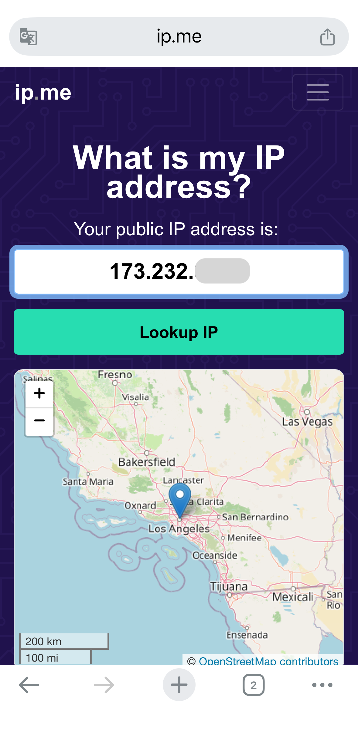 iPhone browser displaying a public IP result on ip.me